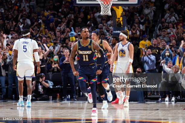 Monte Morris of the Denver Nuggets celebrates against the Golden State Warriors during Round 1 Game 4 of the 2022 NBA Playoffs on April 24, 2022 at...