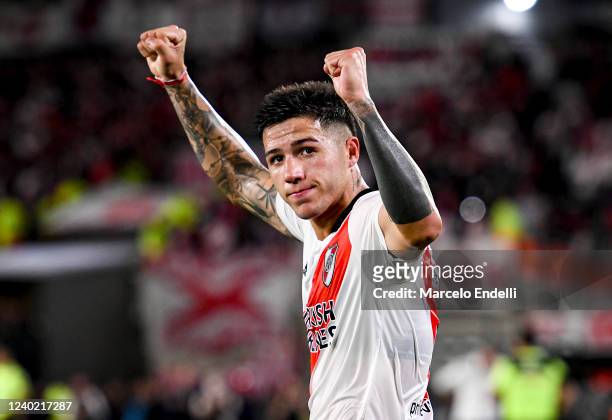 Enzo Fernandez of River Plate celebrates after scoring the first goal of his team during a match between River Plate and Atletico Tucuman as part of...
