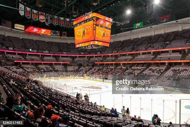 Thanks Getzy is displayed in the seats for Ryan Getzlaf of the Anaheim Ducks retirement game prior to the game between the St. Louis Blues and the...