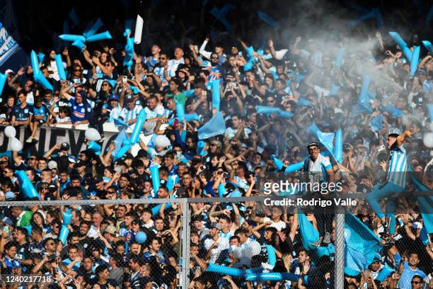 Racing Club fans cheer for their team during a match between Racing Club and Newell's Old Boys as part of Copa de la Liga 2022 at Presidente Peron...