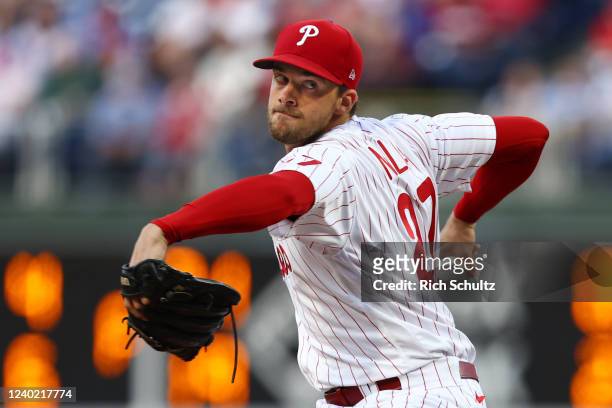 Pitcher Aaron Nola of the Philadelphia Phillies delivers a pitch against the Milwaukee Brewers during the first inning of a game at Citizens Bank...