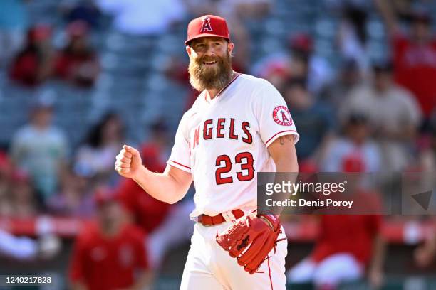 Pitcher Archie Bradley of the Los Angeles Angels pumps his fist after getting the final out of 7-6 win against the Baltimore Orioles on April 24,...