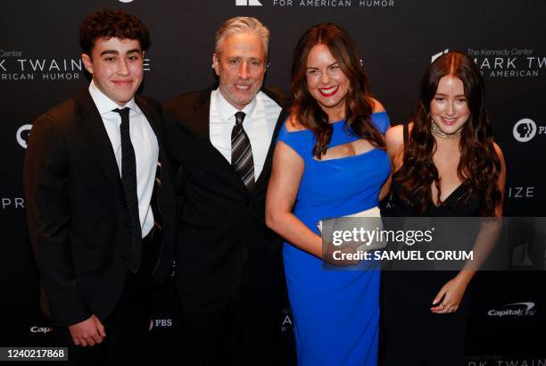 Comedian Jon Stewart, his wife Tracey McShane and children Nathan Thomas and Maggie Rose arrive for the 23rd Annual Mark Twain Prize for American...