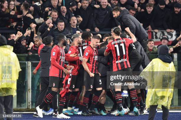 April 24 : Players A.C. Milan Celebrate after Sandro Tonali score a Goal during Italian Serie A soccer match between SS Lazio and A.C. Milan at...