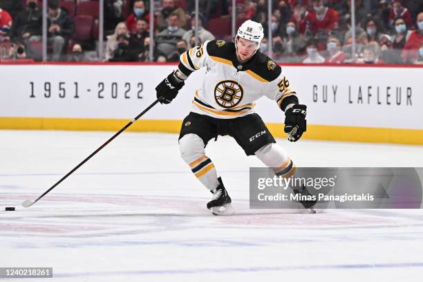 Erik Haula of the Boston Bruins over-skates the puck on a penalty shot during the first period against the Montreal Canadiens at Centre Bell on April...