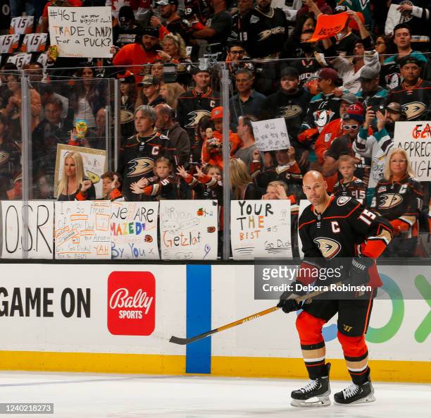 Ryan Getzlaf of the Anaheim Ducks skates on the ice prior to his last career game before he retires from the NHL prior to the game between the St....