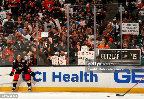 Ryan Getzlaf of the Anaheim Ducks looks on prior to his last career game before he retires from the NHL prior to the game between the St. Louis Blues...