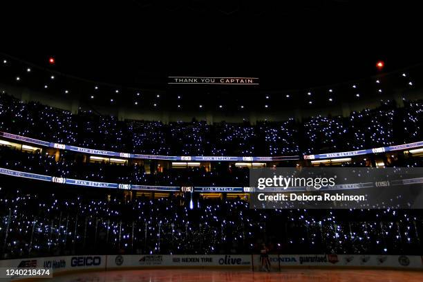 Detail shot of the Thank you Captain sign and lights during Ryan Getzlaf of the Anaheim Ducks retirement ceremony prior to his last career NHL game...