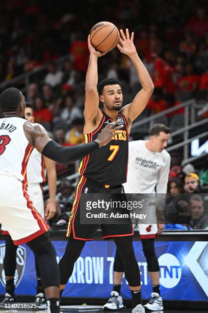 Timothe Luwawu-Cabarrot of the Atlanta Hawks passes the ball against the Miami Heat during Round 1 Game 4 of the 2022 NBA Playoffs on April 24, 2022...