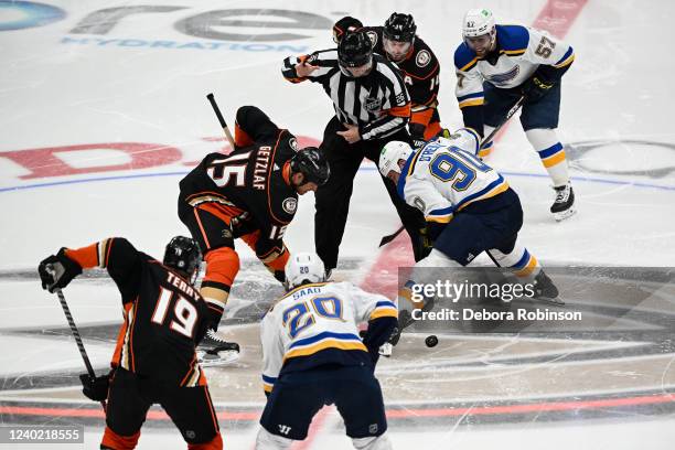 Ryan Getzlaf of the Anaheim Ducks and Ryan O'Reilly of the St. Louis Blues battle for the puck during the first period at Honda Center on April 24,...