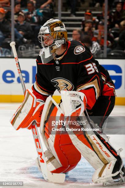 John Gibson of the Anaheim Ducks protects the goal during the second period against the St. Louis Blues at Honda Center on April 24, 2022 in Anaheim,...