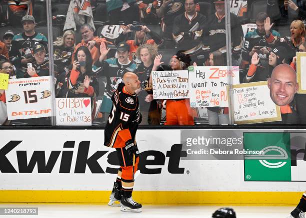 Ryan Getzlaf of the Anaheim Ducks skates on the ice prior to his last career game before he retires from the NHL prior to the game between the St....