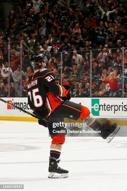 Gerry Mayhew of the Anaheim Ducks celebrates his goal during the first period against the St. Louis Blues at Honda Center on April 24, 2022 in...
