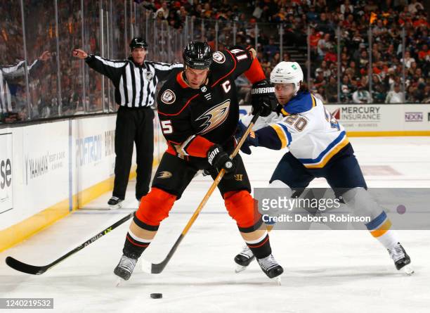 Ryan Getzlaf of the Anaheim Ducks and Brandon Saad of the St. Louis Blues battle for position during the third period at Honda Center on April 24,...