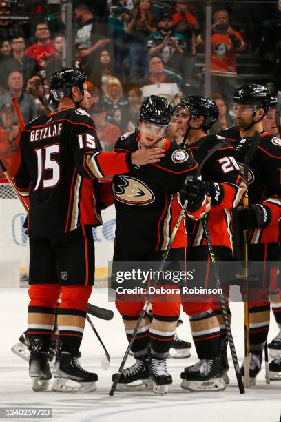 Ryan Getzlaf of the Anaheim Ducks celebrates his last career NHL game with teammates after the game against the St. Louis Blues at Honda Center on...