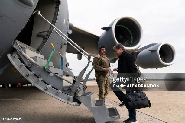Secretary of State Antony Blinken boards a plane for departure, April 23 at Andrews Air Force Base, Maryland. - US Secretary of State Antony Blinken...