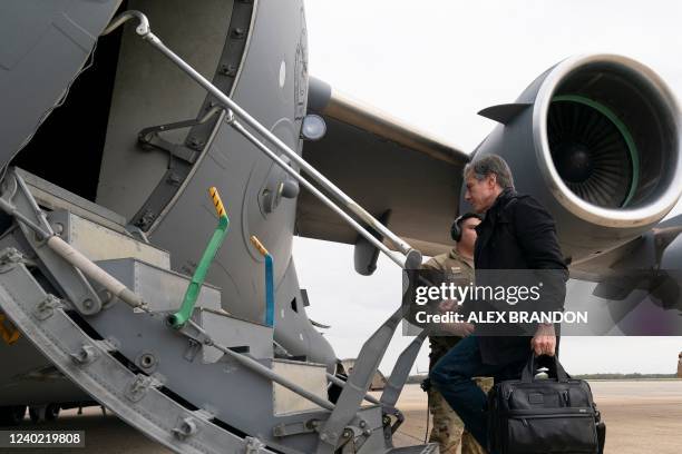 Secretary of State Antony Blinken boards a plane for departure, April 23 at Andrews Air Force Base, Maryland. - US Secretary of State Antony Blinken...