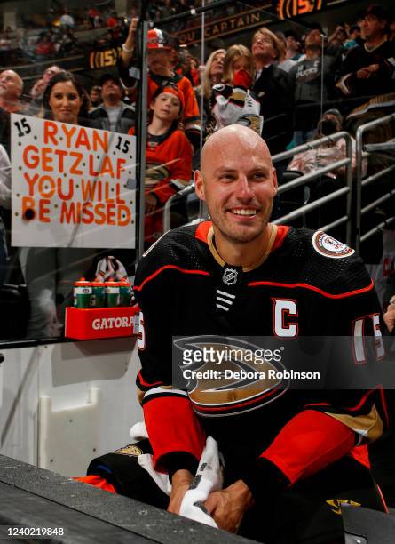 Ryan Getzlaf of the Anaheim Ducks smiles after his last career NHL game after the game against the St. Louis Blues at Honda Center on April 24, 2022...