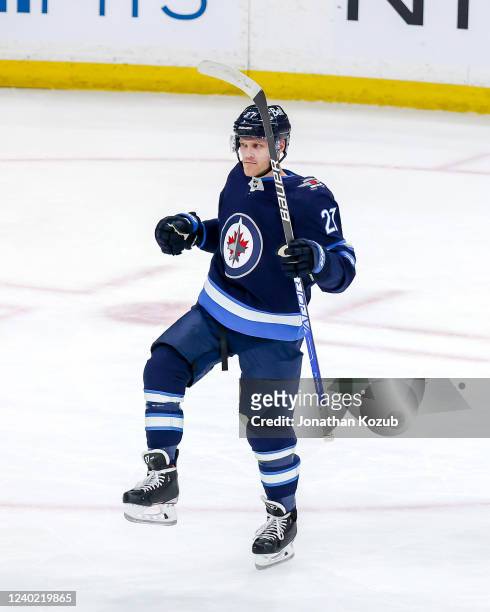 Nikolaj Ehlers of the Winnipeg Jets celebrates his third period goal against the Colorado Avalanche at the Canada Life Centre on April 24, 2022 in...