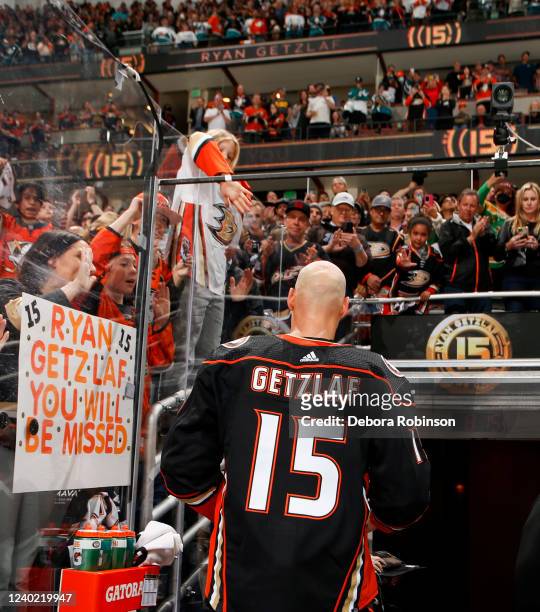 Ryan Getzlaf of the Anaheim Ducks leaves the ice after his last career NHL game after the game against the St. Louis Blues at Honda Center on April...
