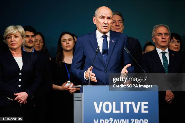 Prime Minister Janez Jansa, the Slovenian Democratic Party president, speaks at a press conference following a defeat in the Slovenian parliamentary...