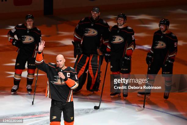 Ryan Getzlaf of the Anaheim Ducks speaks after his last career NHL game after the game against the St. Louis Blues at Honda Center on April 24, 2022...