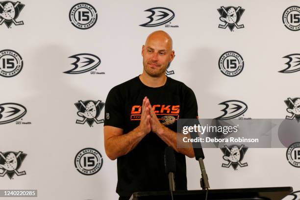 Ryan Getzlaf of the Anaheim Ducks speaks during a press conference after his last career NHL game after the game against the St. Louis Blues at Honda...