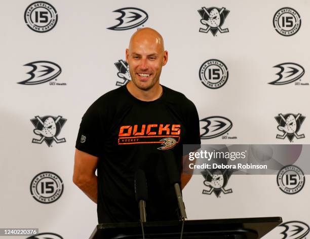 Ryan Getzlaf of the Anaheim Ducks speaks during a press conference after his last career NHL game after the game against the St. Louis Blues at Honda...