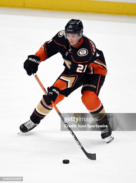 Anaheim Ducks center Isac Lundestrom with the puck in the first period of an NHL hockey game against the St. Louis Blues played on April 24, 2022 at...