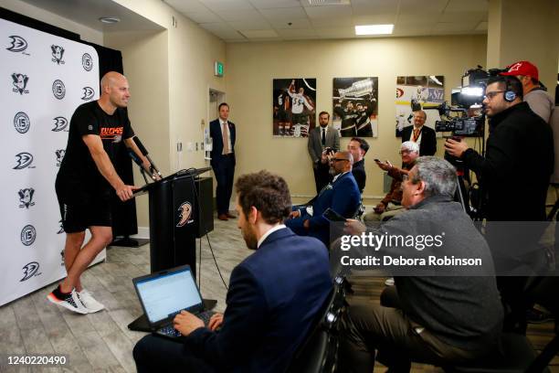 Ryan Getzlaf of the Anaheim Ducks speaks during a press conference after his last career NHL game after the game against the St. Louis Blues at Honda...