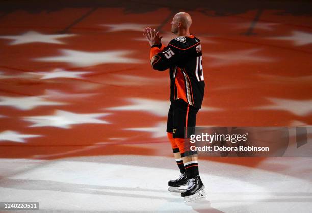 Ryan Getzlaf of the Anaheim Ducks celebrates his last career NHL game after the game against the St. Louis Blues at Honda Center on April 24, 2022 in...