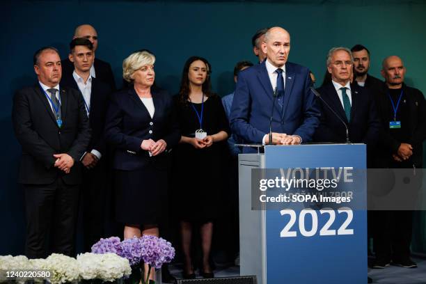 Prime Minister Janez Jansa, the Slovenian Democratic Party president, speaks at a press conference following a defeat in the Slovenian parliamentary...