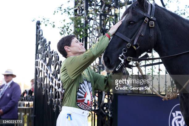 Jockey Craig Williams during the ANZAC Ceremonial service before the The Les Carlyon at Flemington Racecourse on April 25, 2022 in Flemington,...
