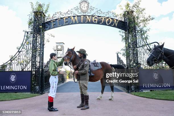 Jockey Craig Williams during the ANZAC Ceremonial service before the The Les Carlyon at Flemington Racecourse on April 25, 2022 in Flemington,...