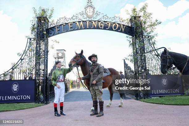 Jockey Craig Williams during the ANZAC Ceremonial service before the The Les Carlyon at Flemington Racecourse on April 25, 2022 in Flemington,...