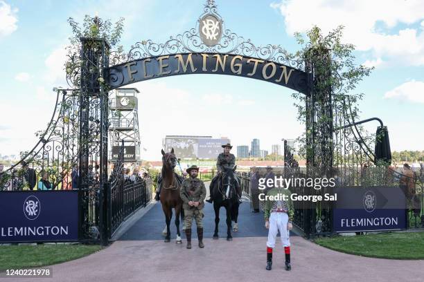 Jockey Craig Williams during the ANZAC Ceremonial service before the The Les Carlyon at Flemington Racecourse on April 25, 2022 in Flemington,...