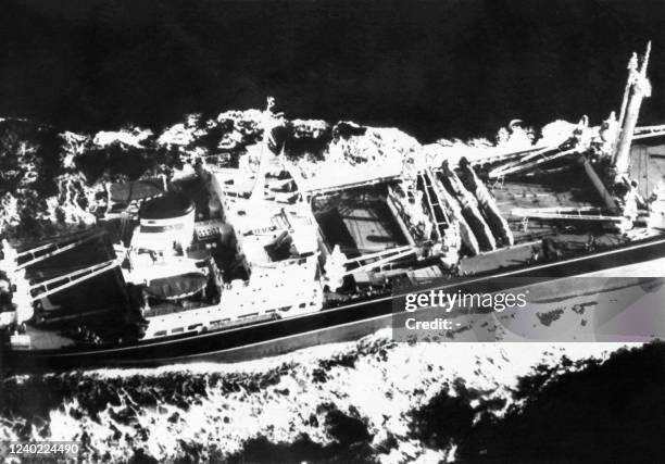 Aerial picture taken on December 04, 1962 during the Cuban missile crisis, on the Cuban coast, of the Soviet freighter "Okhotsk" carrying "Ilyouchine...