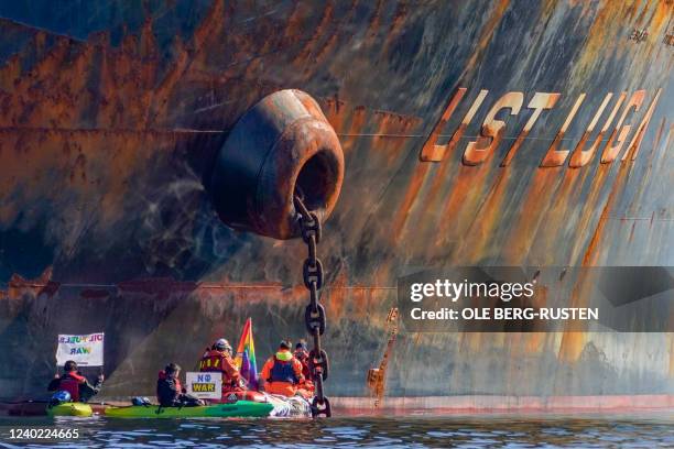 Greenpeace environmental activists stage an action against the ship Ust Luga, which will reportedly unload Russian oil in the harbour of...