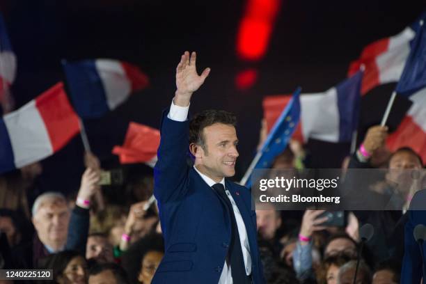 Emmanuel Macron, France's president, waves to supporters following the second round of voting in the French presidential election in Paris, France,...