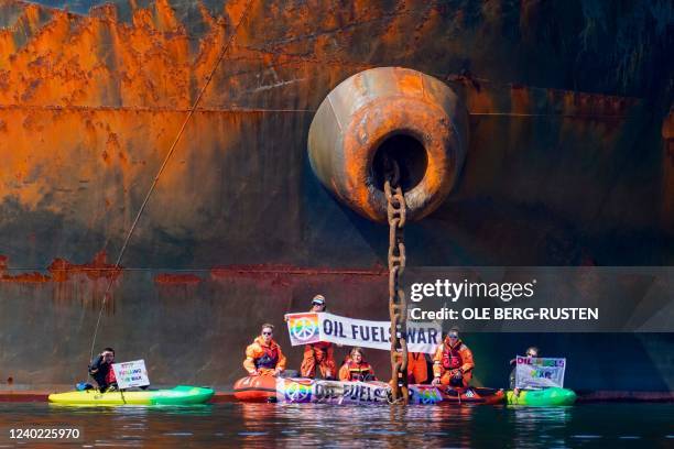 Greenpeace environmental activists stage an action against the ship Ust Luga, which will reportedly unload Russian oil in the harbour of...