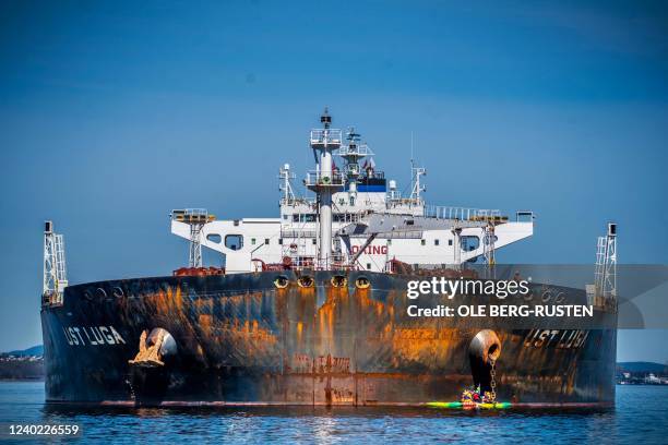 Greenpeace environmental activists stage an action against the ship Ust Luga, which will reportedly unload Russian oil in the harbour of...