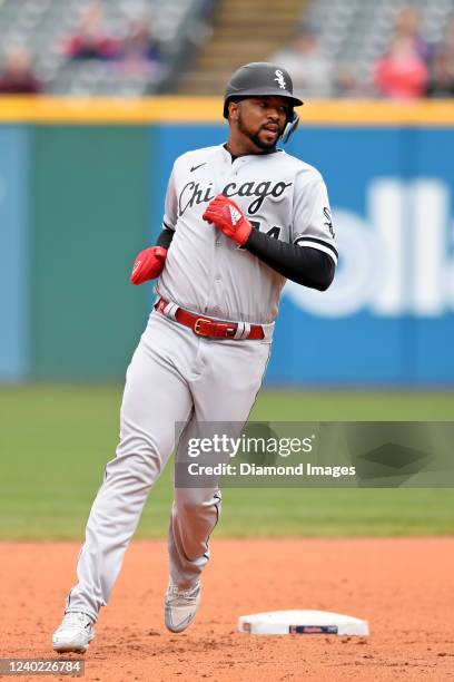 Eloy Jiménez of the Chicago White Sox looks on during the fourth inning against the Cleveland Guardians at Progressive Field on April 21, 2022 in...