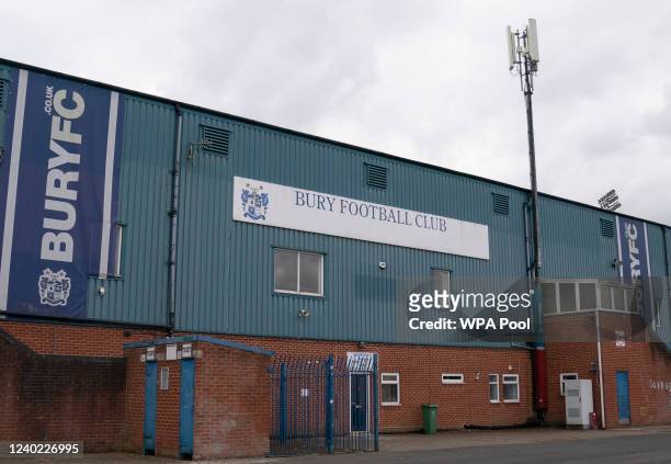 General view of Bury FC after their ground at Gigg Lane was visited by UK Prime Minister Boris Johnson on April 25, 2022 in Bury, Greater Manchester,...