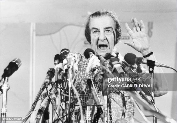 Israel Prime Minister Golda Meir talks during a radio press conference in November 1973 in Tel Aviv after the 1973 ArabIsraeli War. On October 6 on...