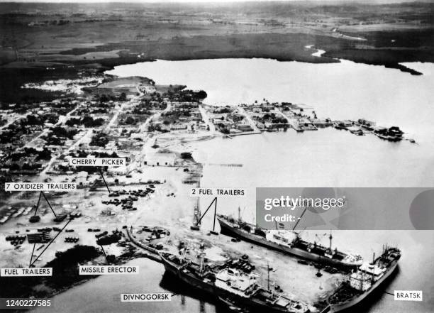 Aerial picture taken on November 10 1962 during the Cuban missile crisis of the Mariel naval port in Cuba showing three soviet ships waiting to be...