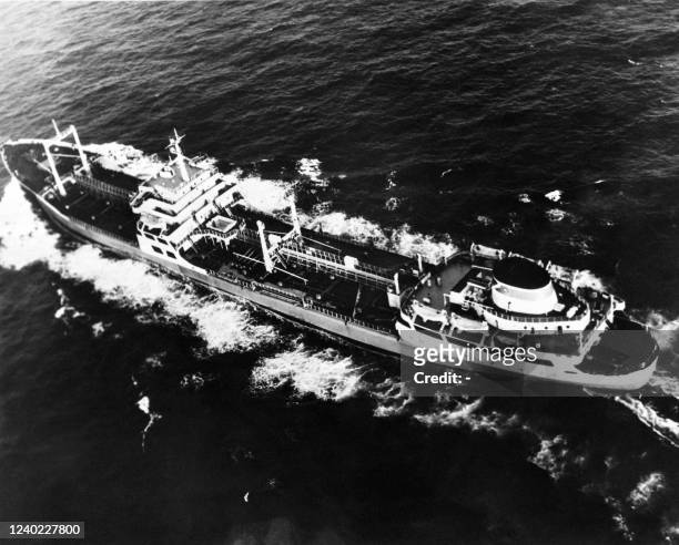 Aerial picture taken on October 28, 1962 during the Cuban missile crisis, on the Cuban coast, of the Soviet tanker Bucharest, authorized by the...
