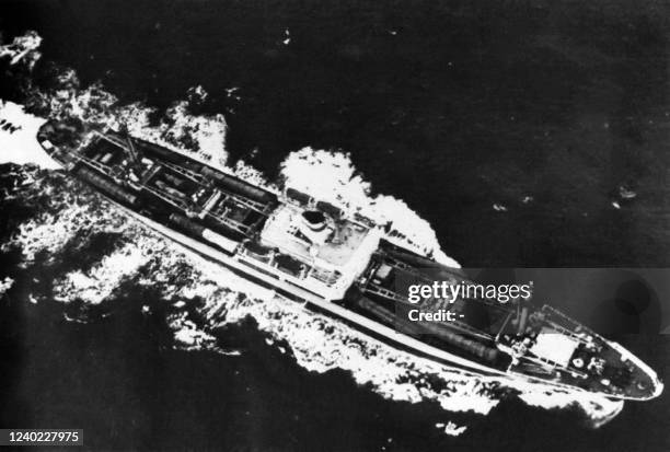 Aerial picture taken on November 09, 1962 during the Cuban missile crisis, on the Cuban coast, of the Soviet freighter "Anosov" carrying missiles in...