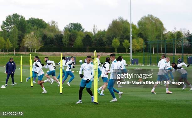 Manchester City players during a training session at the City Football Academy, Manchester. Picture date: Monday April 25, 2022.