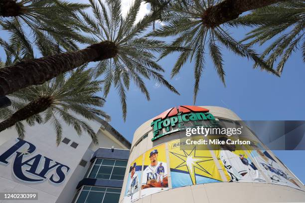 General view of the exterior of the main gate of Tropicana Field before the game between the Baltimore Orioles and the Tampa Bay Rays at Tropicana...