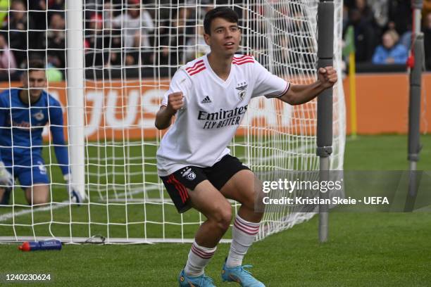 Benfica Pedro Miguel celebrates a goal during the UEFA Youth League Final between FC Salzburg and SL Benfica at Colovray Sports Centre on April 25,...
